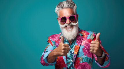 Wall Mural - Senior man wearing colorful clothes standing over blue background doing happy thumbs up gesture with hand.