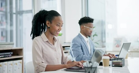 Wall Mural - Black woman, happy and working in business on computer in office or planning online report, email and internet research. African, consultant and typing info on laptop for update on Nigeria company