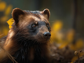 Wall Mural - Wolverine  in its habitat close up portrait 