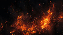 Burning Red Hot Sparks Fly From Large Fire In The Night Sky. Beautiful Abstract Background On The Theme Of Fire