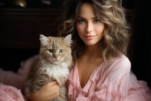 Cute Young Woman With Long Hair In A Pale Pink Dress Hugs A Fluffy Cat Kitten