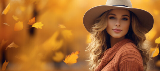 Autumn banner , nice girl with yellow red fall leaves on blurred nature background