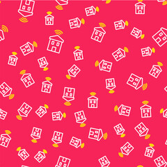 Poster - Line Smart home with wi-fi icon isolated seamless pattern on red background. Remote control. Vector