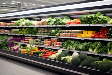 Wall Mural - Vibrant produce on display in a modern supermarket. Fresh fruits and vegetables in shelf. Generative AI