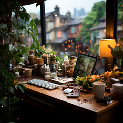 Wall Mural - computer and coffee on a desk in the morning