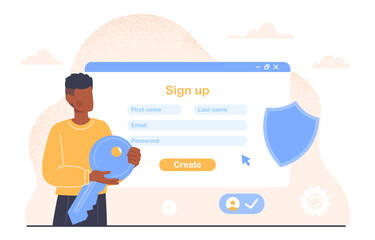 Poster - Man sign up concept. Young guy with key near website. Authorization and authentication. Character enters username and password. Security and safety on internet. Cartoon flat vector illustration