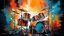 Generative AI, Jazz Music Street Art With Drums Musical Instrument Silhouette. Ink Colorful Graffiti Art On A Textured Wall, Canvas Background.