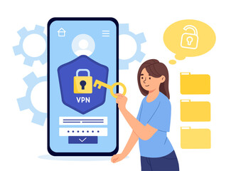 Poster - woman with vpn at smartphone concept. security system at phone. internet connection and protection, 