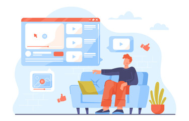 Poster - Man watching online video concept. Young guy on sofa watch tv, television. Video hosting and social media. Character with multimedia and movies, series. Cartoon flat vector illustration