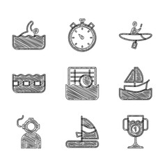 Poster - Set Water polo, Windsurfing, Award cup, Yacht sailboat, Aqualung, Swimming pool, Kayak and paddle and Swimmer icon. Vector