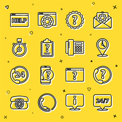Poster - Set line Clock 24 hours, Telephone support, Location with clock, Question mark, Clipboard question marks, Stopwatch, Browser help and icon. Vector