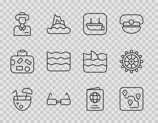 Wall Mural - Set line Coconut cocktail, Route location, Lifeboat, Glasses, Tourist, Wave, Passport and Ship steering wheel icon. Vector