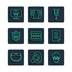 Wall Mural - Set line Eyeglasses, Hearing aid, Grandmother, Crutch or crutches, False jaw, Nursing home and Medical prescription icon. Vector