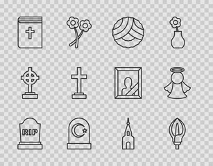 Set line Tombstone with RIP written, Lily flower, Memorial wreath, Muslim cemetery, Holy bible book, Grave cross, Church building and Angel icon. Vector