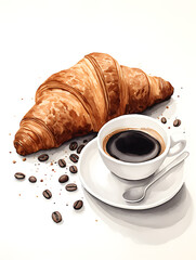 Wall Mural - croissant and coffee painted with one black line minimalist no details with white background Generative Ai