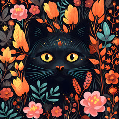 Wall Mural - Black cat hiding in Botanical flowers, flat cartoon image Generative Ai