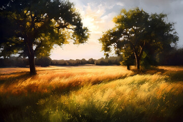 Wall Mural - light academia oil painting style, grain field with trees Generative Ai