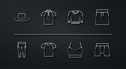 Wall Mural - Set line Man hat, Leggings, Skirt, Female crop top, T-shirt, Shirt, Men underpants and Sweater icon. Vector