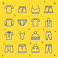 Wall Mural - Set line Pants, Handbag, Female crop top, Men underpants, Sweater, T-shirt and icon. Vector