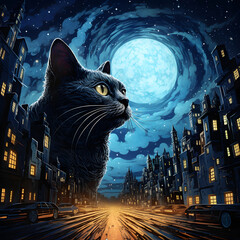 Wall Mural - The night sky in New York is full of stars, and the different-dimensional space slowly opens with the pupils of a Russian blue cat. Generative Ai