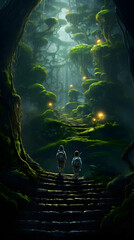 Wall Mural - Three explorers walk up moss-covered stone stairs in a magical ancient forest. Under the light of Dindar Generative Ai