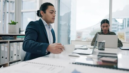 Poster - Laptop, corporate and a business man drinking tea in the boardroom while planning a company strategy or reading an email. Computer, coffee and research with a professional employee in the office