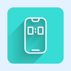 Poster - White line Alarm clock app smartphone interface icon isolated with long shadow background. Green square button. Vector