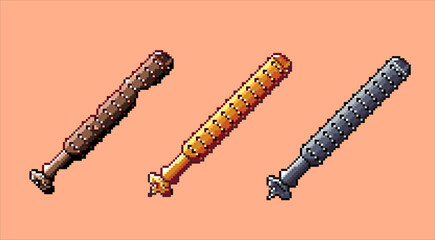 Poster - Pixelated art of baseball weapon with spikes. Set of three baseball weapon, wood, golden,and black metal. Perfect for game design asset of pixelated indie game, game design asset 8bit.