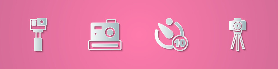 Sticker - Set paper cut Action camera, Photo, Camera timer and icon. Paper art style. Vector