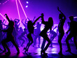 © designerusman1 - Silhouettes of people dancing in a club with neon lights photo background image