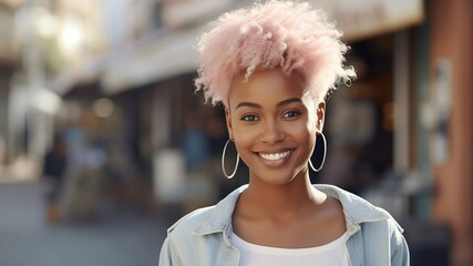 Young mixed woman with afro peach hairstyle smiling in urban background. Black girl wearing casual clothes.