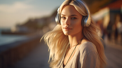 Beautiful woman with headphones during travel at summer time