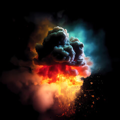 Wall Mural - Explosion, smoke, colorful lighting, black background. Generative AI technology.