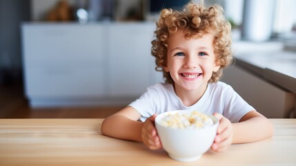 a cute little white american kid child boy eating cornflakes porridge for breakfast with his hands