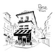 Vector black and white hand drawing. Typical parisain restaurant on Montmartre, Paris, France.