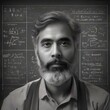 Render a portrait of a focused mathematical theorist with equations on a chalkboard, pondering new ideas1