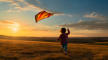 A Photo Of A Child Joyfully Flying A Kite In An Open Field, With Rolling Hills And The Setting Sun As A Backdrop