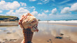 Melting Ice cream at Fistral beach, Newquay, Cornwall on a bright sunny June day
