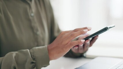 Canvas Print - Hands, business and woman with a smartphone, typing and connection with social media, notification or contact. Person, employee or worker with a cellphone, search internet or network for website info