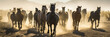 Breathtaking panorama of wild horses charging through the American desert, stirring up dust in dramatic fashion.