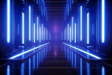 Wall Mural - Futuristic corridor with neon lights, 3d rendering. Computer digital drawing.