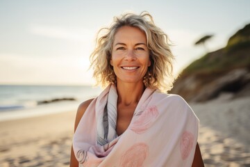 Wall Mural - Portrait of smiling mature woman wrapped in towel on beach at sunset