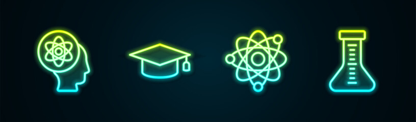 Set line Atom, Graduation cap, and Test tube. Glowing neon icon. Vector