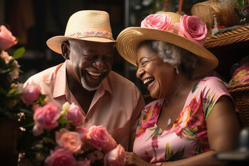 Sticker - An elderly black couple chats happily as they pack their suitcases ready to embark on a journey.The grandfather slowly folds a crisp