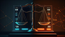 Law Scales On Background Of Data Center. Digital Law Concept Of Duality Of Judiciary, Jurisprudence And Justice And Data In The Modern World. Ai Generated Image 