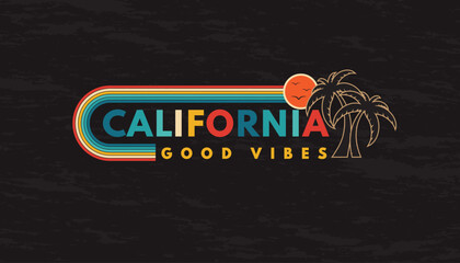 Retro vintage California sunset logo badges on black background graphics for t-shirts and other print production. Vector illustration for design. 70s-style concept. Good vibes.