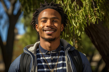 Sticker - An African American young man wearing a stylish striped shirt with jeans and a necklace standing beneath a tree wind ruffling his