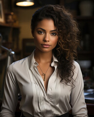 Sticker - An ambitious African American woman in her 20s stands in her workspace overlooking her bustling startup. She is wearing a white blouse