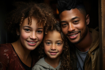 Sticker - A portrait of a young African American family standing in the doorway of their home. The parents are embracing their two children in