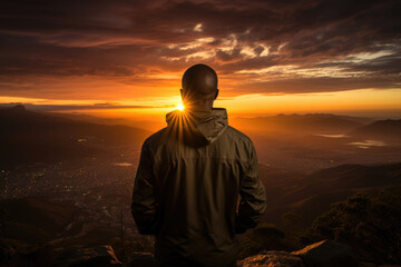 Sticker - A Black African man stands atop a craggy peak the rising sun slowly lighting his silhouette. Gazing out at the vast landscape ahead